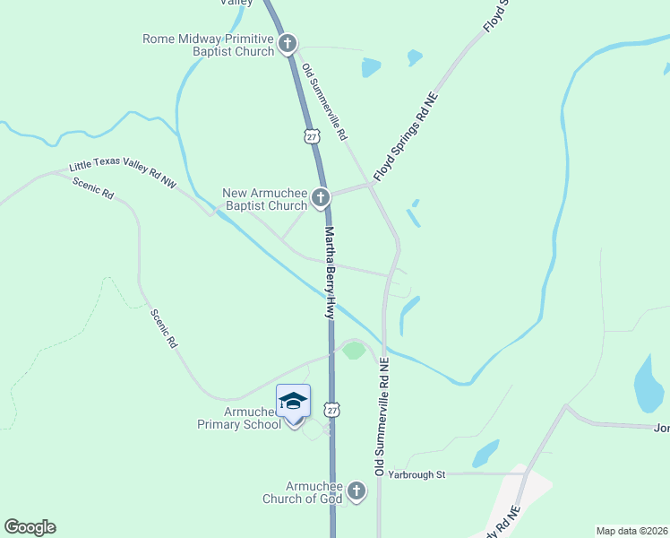 map of restaurants, bars, coffee shops, grocery stores, and more near 26 Little Texas Valley Road Northeast in Rome