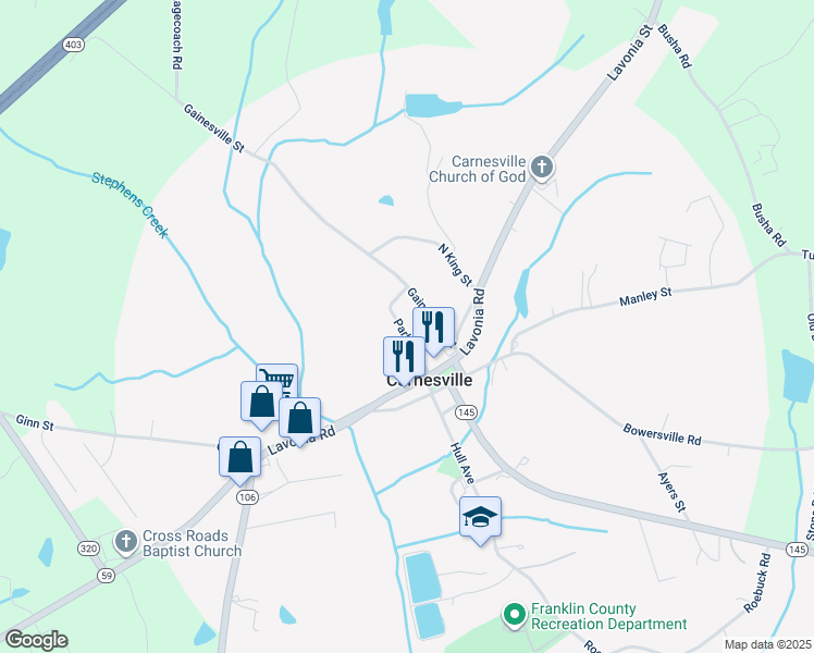 map of restaurants, bars, coffee shops, grocery stores, and more near 107 Parker Street in Carnesville