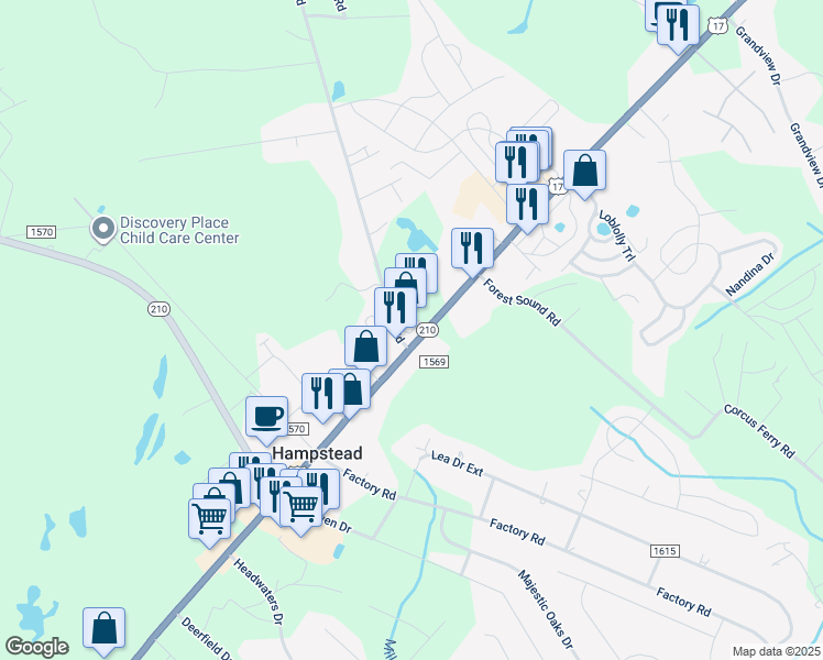 map of restaurants, bars, coffee shops, grocery stores, and more near U.S. 17 in Hampstead