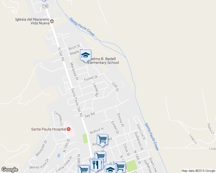 map of restaurants, bars, coffee shops, grocery stores, and more near Fern Oaks Drive & Grant Line Street in Santa Paula