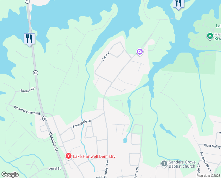 map of restaurants, bars, coffee shops, grocery stores, and more near 1336 North Forest Avenue in Hartwell