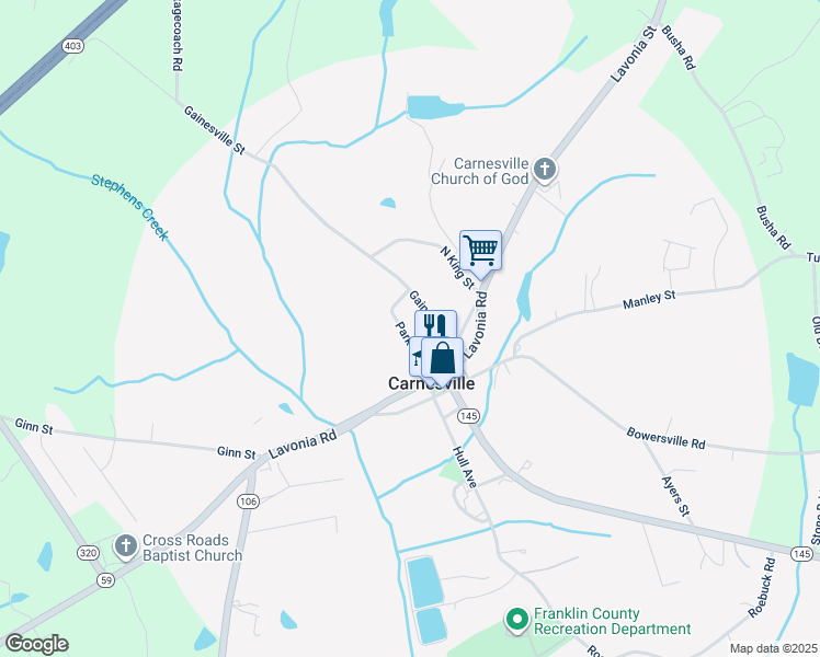 map of restaurants, bars, coffee shops, grocery stores, and more near 107 Parker Street in Carnesville