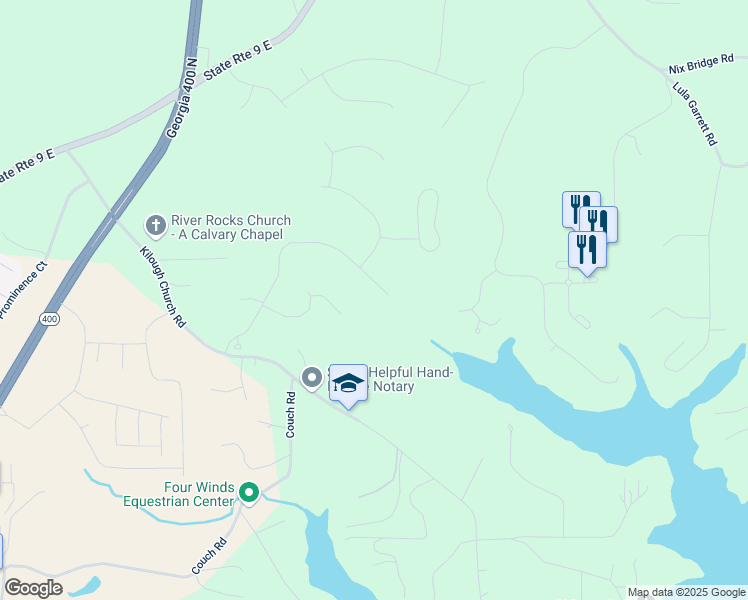 map of restaurants, bars, coffee shops, grocery stores, and more near 604 Oak Forest Drive in Dawsonville