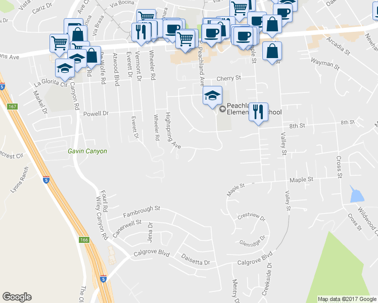 map of restaurants, bars, coffee shops, grocery stores, and more near 24923 Highspring Avenue in Santa Clarita