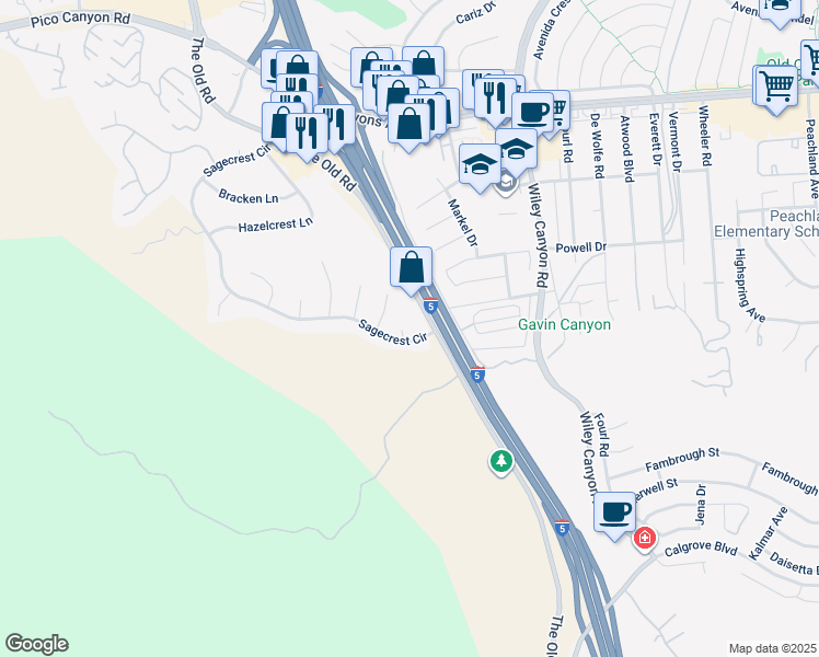 map of restaurants, bars, coffee shops, grocery stores, and more near 25010 Foxtail Court in Stevenson Ranch