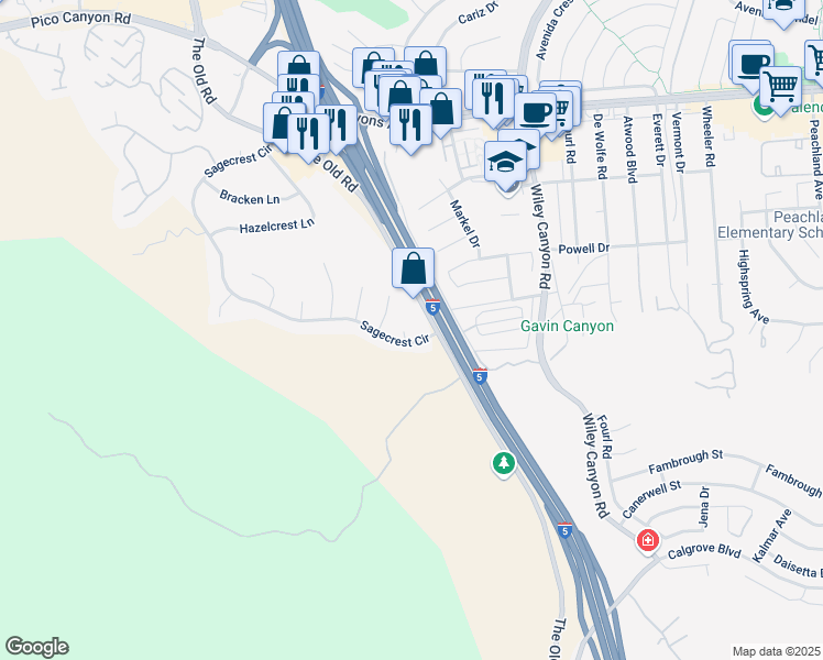 map of restaurants, bars, coffee shops, grocery stores, and more near 25010 Foxtail Court in Stevenson Ranch