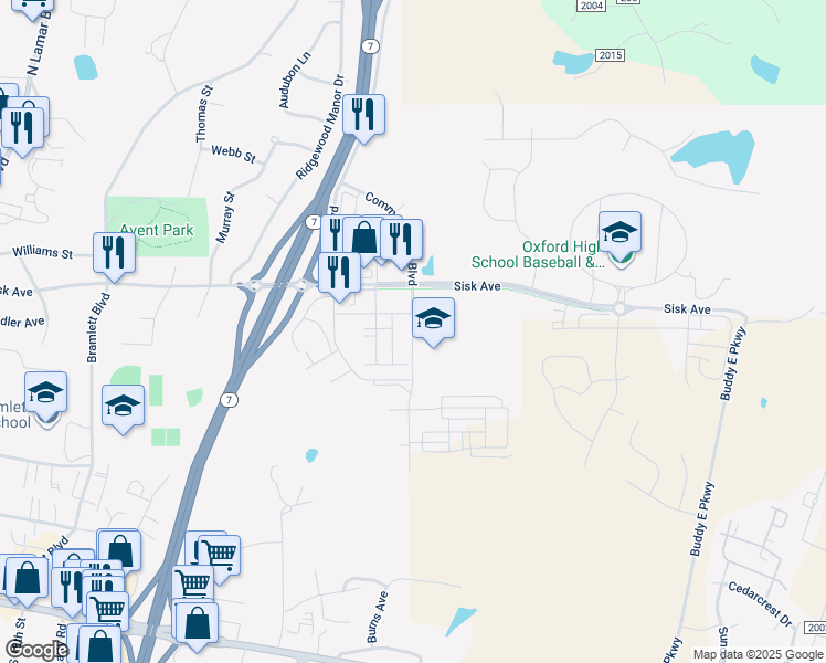 map of restaurants, bars, coffee shops, grocery stores, and more near Commonwealth Boulevard in Oxford