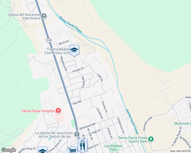 map of restaurants, bars, coffee shops, grocery stores, and more near 1021 Grant Line Street in Santa Paula