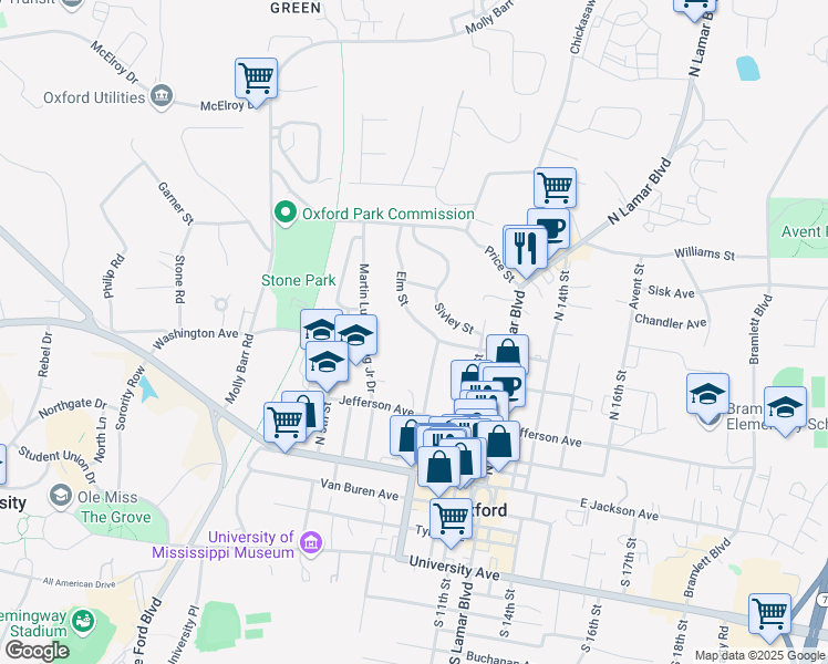 map of restaurants, bars, coffee shops, grocery stores, and more near 555 North 9th Street in Oxford