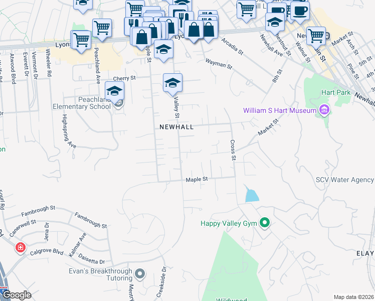 map of restaurants, bars, coffee shops, grocery stores, and more near 24405 Derian Drive in Santa Clarita