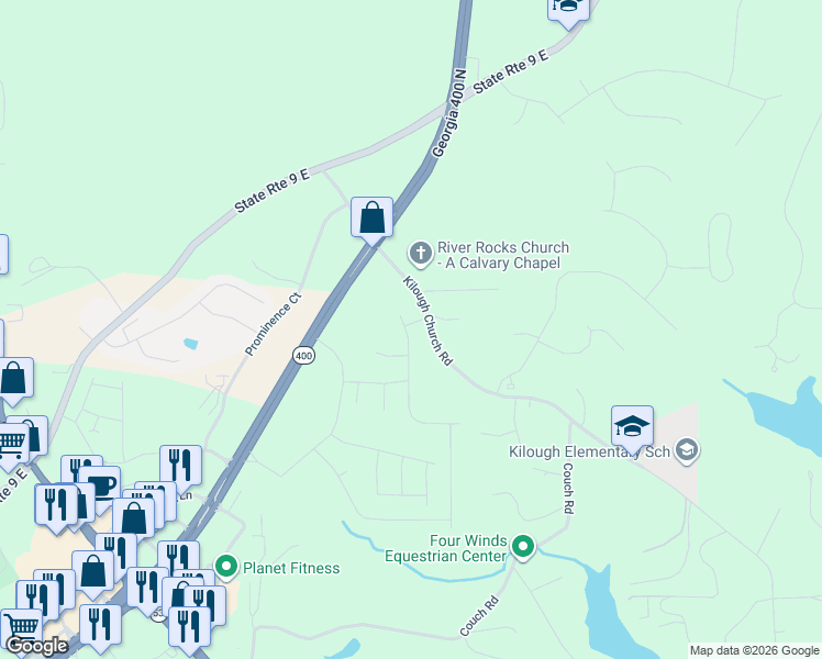 map of restaurants, bars, coffee shops, grocery stores, and more near 362 Kilough Church Road in Dawsonville