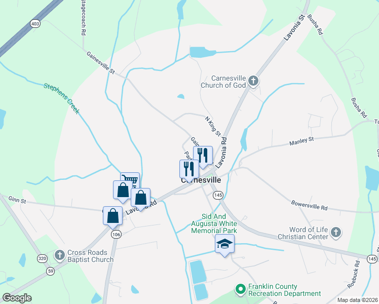 map of restaurants, bars, coffee shops, grocery stores, and more near 2-18 South King Street in Carnesville