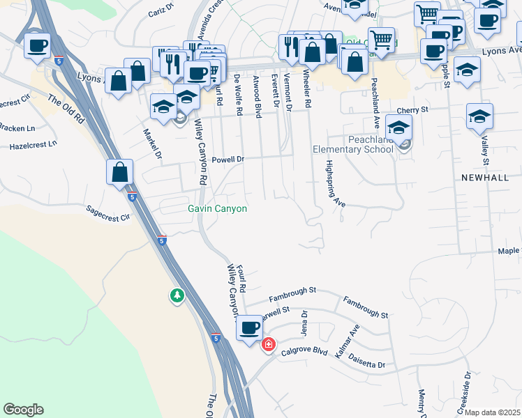 map of restaurants, bars, coffee shops, grocery stores, and more near Atwood Boulevard in Santa Clarita