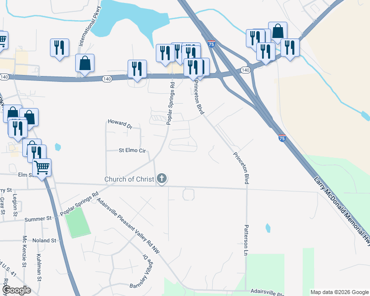 map of restaurants, bars, coffee shops, grocery stores, and more near 18 Princeton Avenue in Adairsville