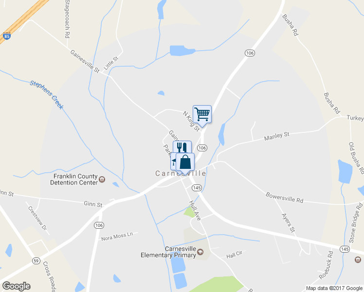 map of restaurants, bars, coffee shops, grocery stores, and more near 344 Gainesville Street in Carnesville