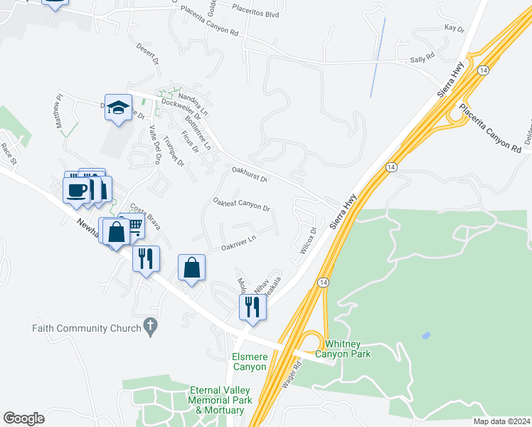 map of restaurants, bars, coffee shops, grocery stores, and more near 21106 Oakleaf Canyon Drive in Santa Clarita