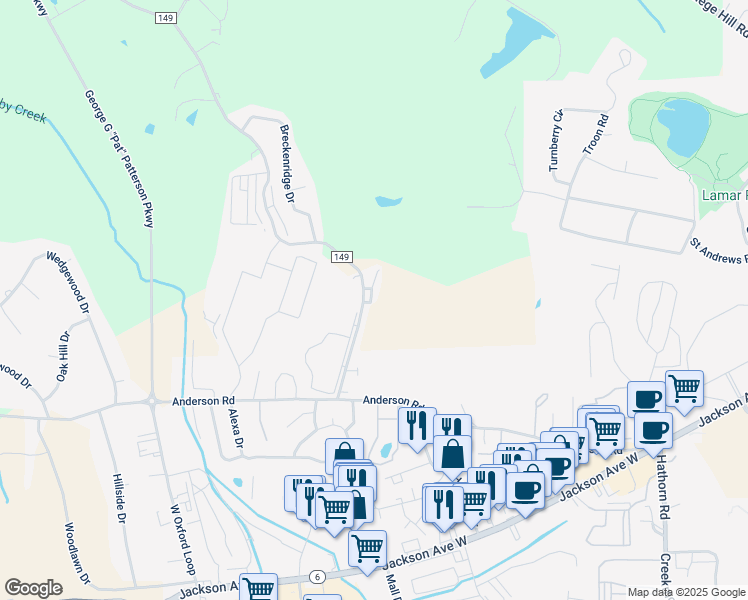 map of restaurants, bars, coffee shops, grocery stores, and more near 12 County Road 1028 in Oxford