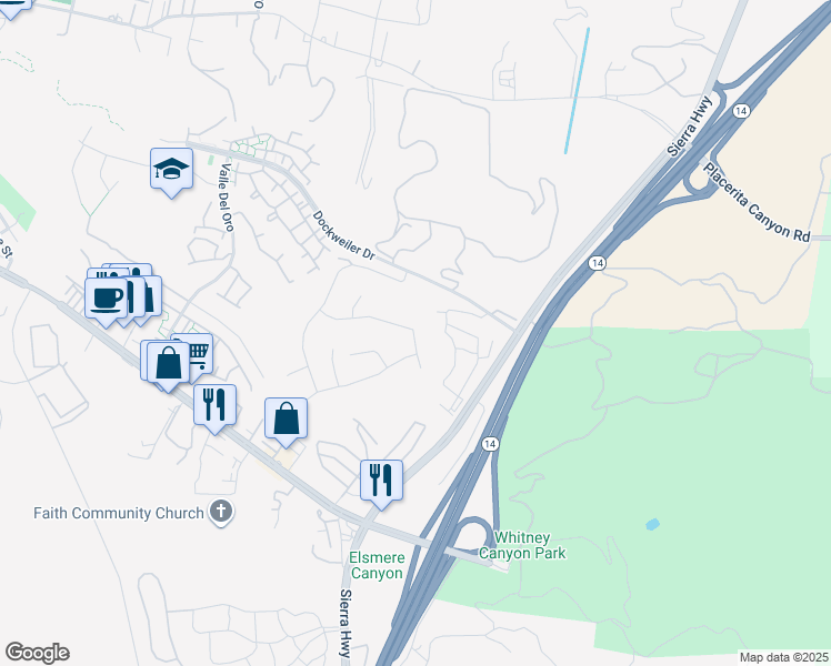 map of restaurants, bars, coffee shops, grocery stores, and more near Red Oak Court in Santa Clarita