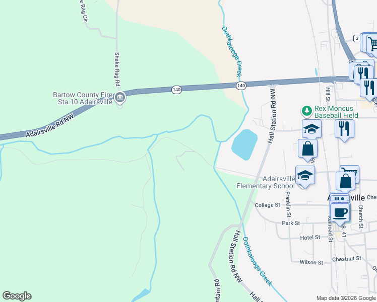 map of restaurants, bars, coffee shops, grocery stores, and more near 38 Adair Hollow Road Northwest in Adairsville