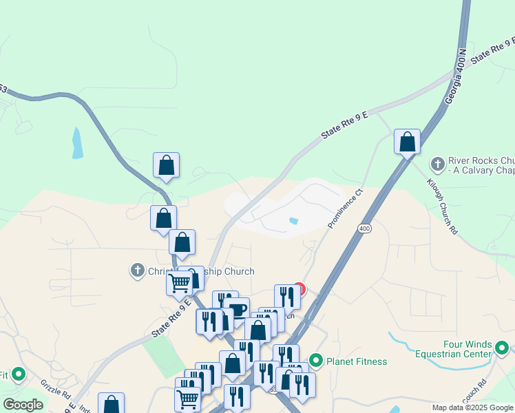 map of restaurants, bars, coffee shops, grocery stores, and more near 62 Dawson Club Way in Dawsonville