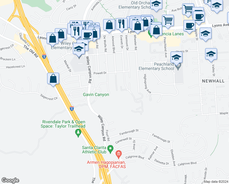 map of restaurants, bars, coffee shops, grocery stores, and more near 25009 Atwood Boulevard in Santa Clarita