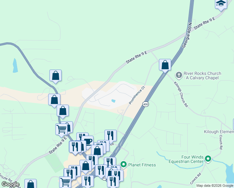 map of restaurants, bars, coffee shops, grocery stores, and more near 500 Lumpkin Campground Road North in Dawsonville