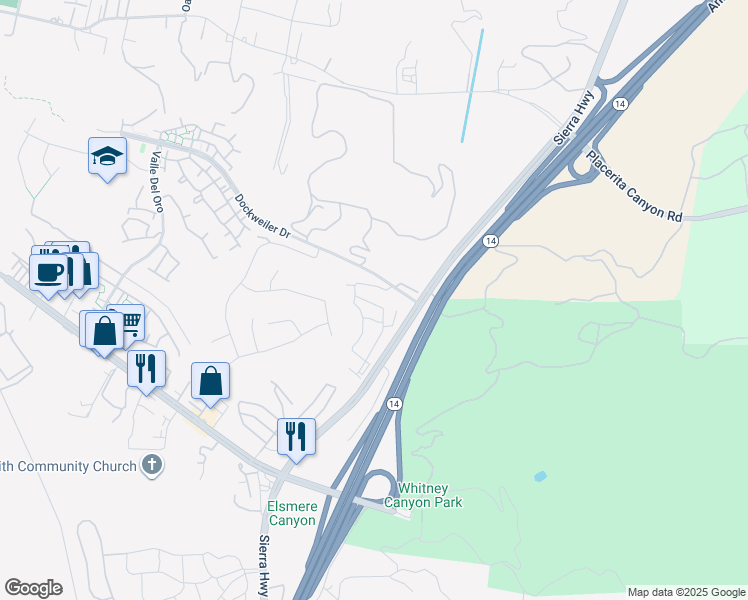 map of restaurants, bars, coffee shops, grocery stores, and more near Red Oak Court in Santa Clarita