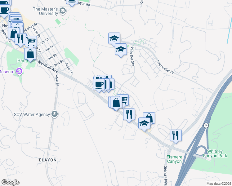 map of restaurants, bars, coffee shops, grocery stores, and more near 23773 Valle Del Oro in Santa Clarita