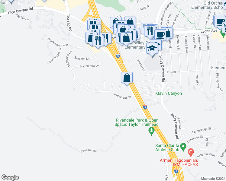 map of restaurants, bars, coffee shops, grocery stores, and more near 25002 Sargasso Court in Santa Clarita