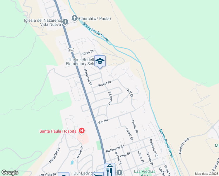 map of restaurants, bars, coffee shops, grocery stores, and more near 1301 Manzanita Drive in Santa Paula