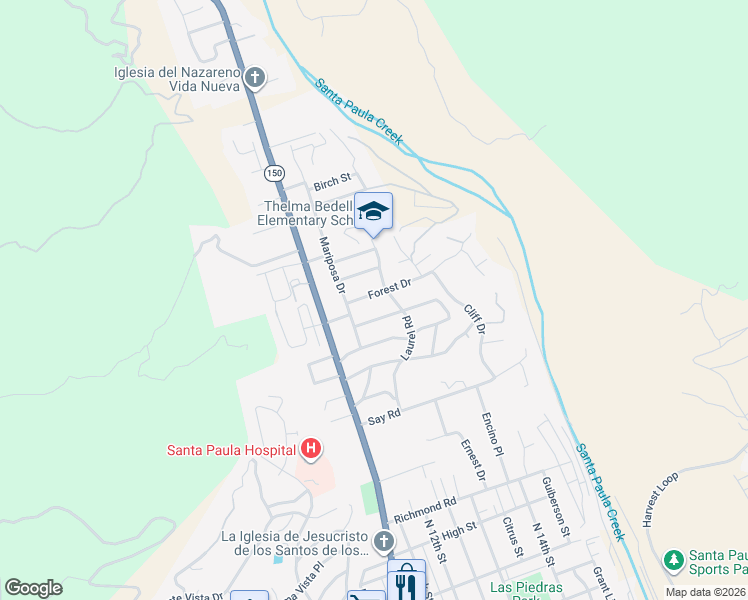 map of restaurants, bars, coffee shops, grocery stores, and more near 1218 Forest Drive in Santa Paula