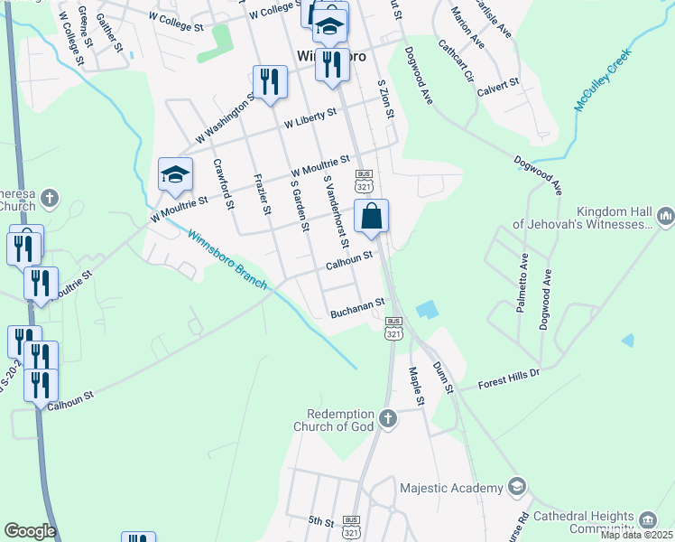 map of restaurants, bars, coffee shops, grocery stores, and more near 502 South Vanderhorst Street in Winnsboro