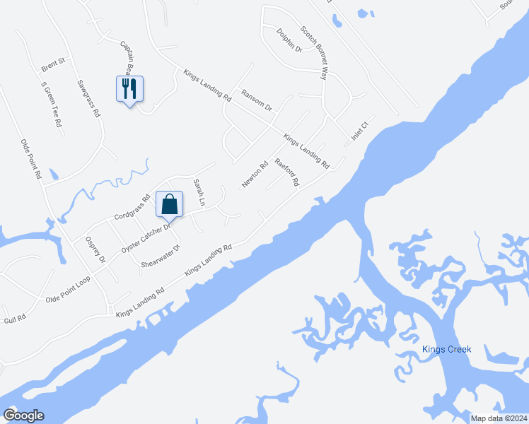 map of restaurants, bars, coffee shops, grocery stores, and more near 1388 Kings Landing Road in Hampstead