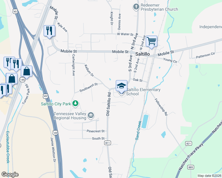 map of restaurants, bars, coffee shops, grocery stores, and more near 417-423 3rd Avenue in Saltillo