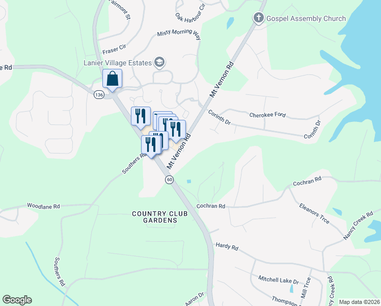 map of restaurants, bars, coffee shops, grocery stores, and more near 3634 Mount Vernon Road in Gainesville