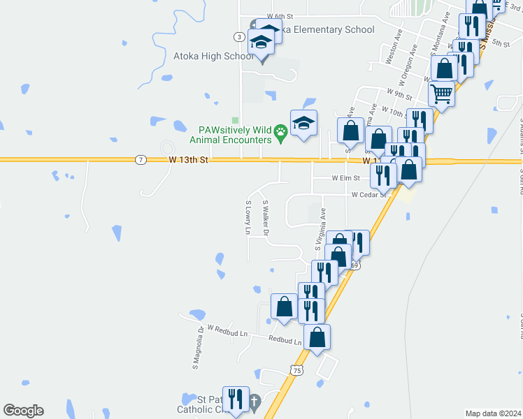 map of restaurants, bars, coffee shops, grocery stores, and more near 1407 South Walker Drive in Atoka