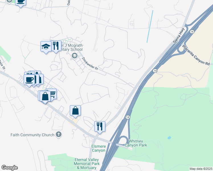 map of restaurants, bars, coffee shops, grocery stores, and more near 21105 Oakleaf Canyon Drive in Santa Clarita
