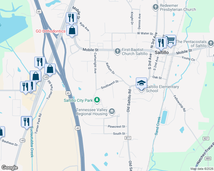 map of restaurants, bars, coffee shops, grocery stores, and more near 120 Southwest Street in Saltillo