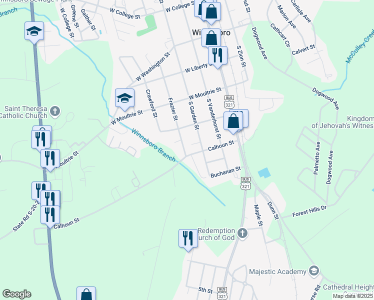 map of restaurants, bars, coffee shops, grocery stores, and more near 434 Frazier Street in Winnsboro