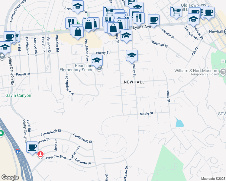 map of restaurants, bars, coffee shops, grocery stores, and more near 23538 Arlen Drive in Santa Clarita