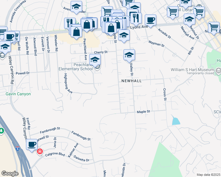 map of restaurants, bars, coffee shops, grocery stores, and more near 23538 Arlen Drive in Santa Clarita