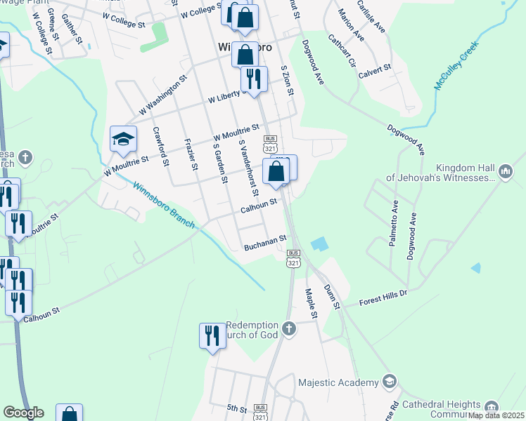 map of restaurants, bars, coffee shops, grocery stores, and more near 502 South Vanderhorst Street in Winnsboro