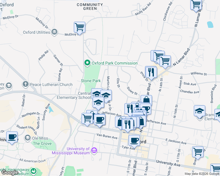 map of restaurants, bars, coffee shops, grocery stores, and more near 632 Martin Luther King Junior Drive in Oxford