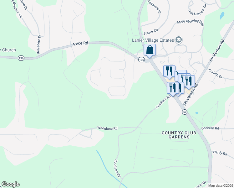 map of restaurants, bars, coffee shops, grocery stores, and more near 4156 Deer Springs Way in Gainesville