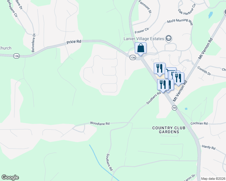 map of restaurants, bars, coffee shops, grocery stores, and more near 4148 Deer Springs Way in Gainesville