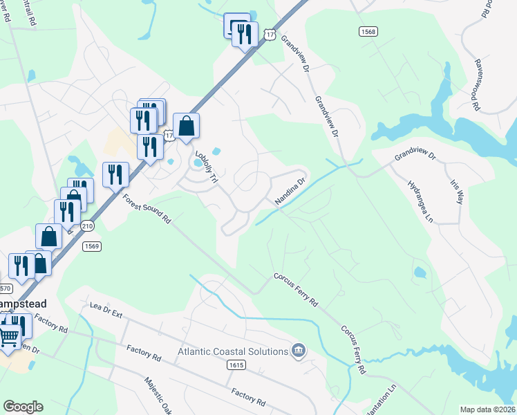 map of restaurants, bars, coffee shops, grocery stores, and more near 446 Loblolly Trail in Hampstead