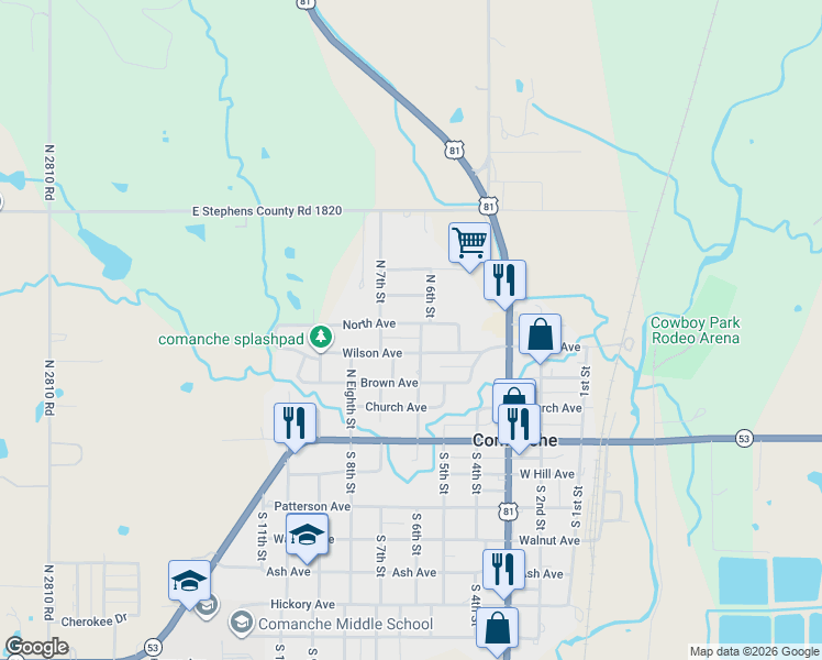 map of restaurants, bars, coffee shops, grocery stores, and more near 604 North Avenue in Comanche