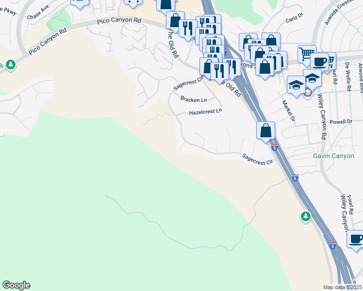 map of restaurants, bars, coffee shops, grocery stores, and more near Chicory Court in Stevenson Ranch