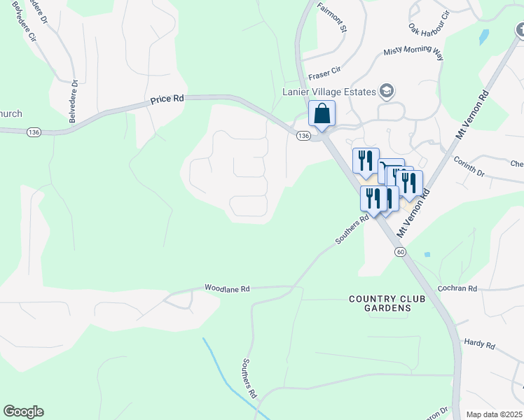 map of restaurants, bars, coffee shops, grocery stores, and more near 4148 Deer Springs Way in Gainesville
