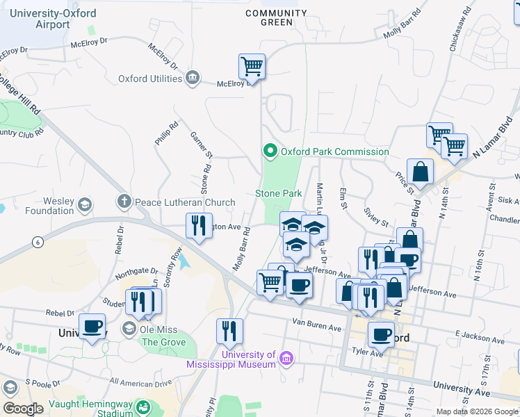 map of restaurants, bars, coffee shops, grocery stores, and more near 609 Molly Barr Road in Oxford